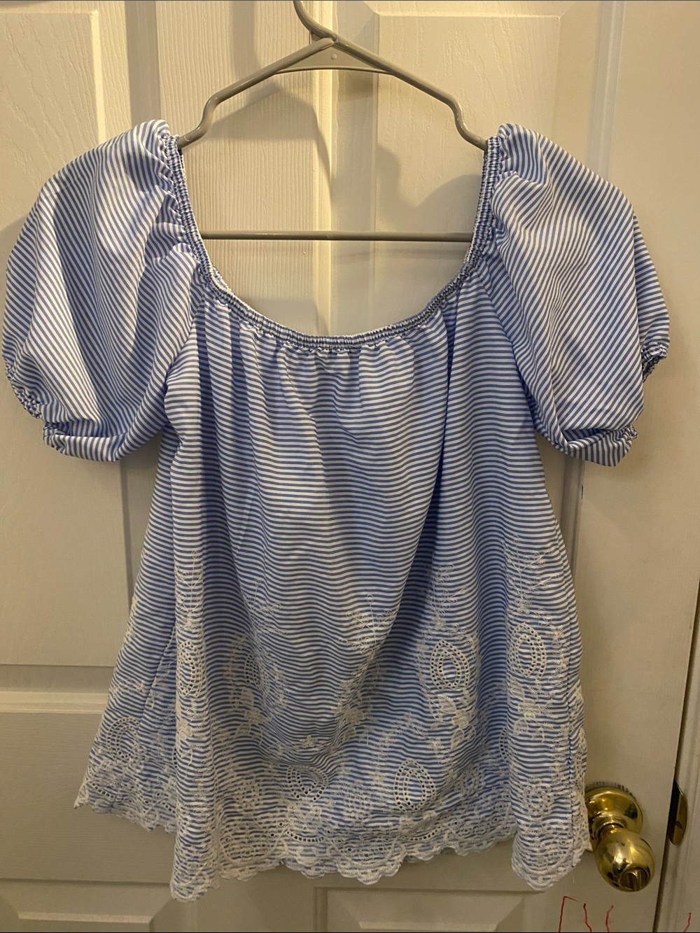 Charlotte Russe Blue and White Striped Puff Sleeve Tunic with Embroidery
